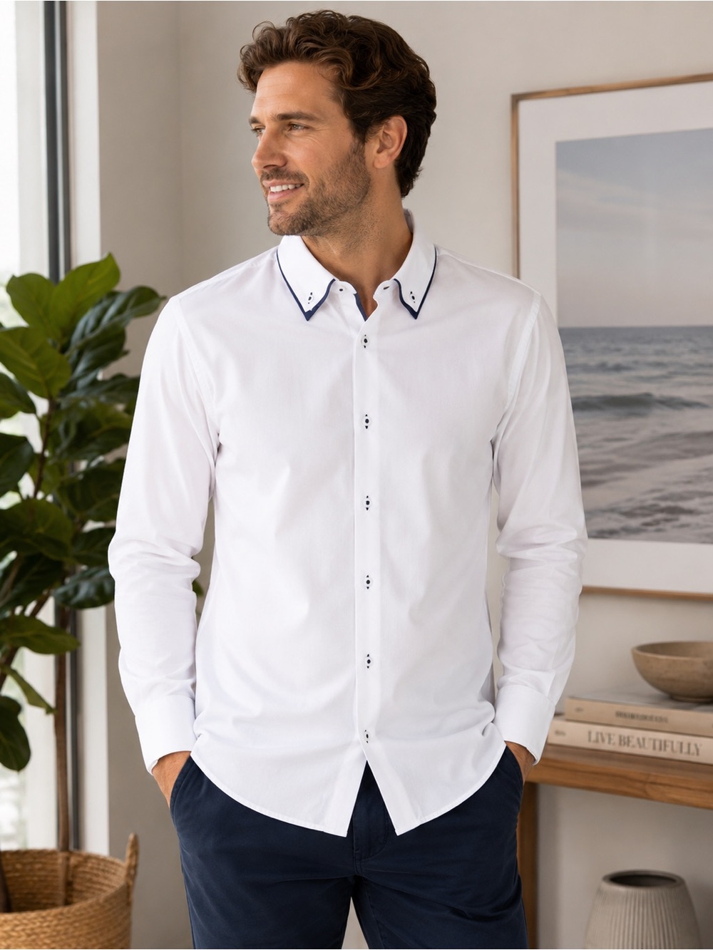 Denim & Flower Ricky Singh Mens White Button Down Shirt L Contrast Collar Cotton